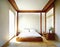 Watercolor of Minimalist Japanese bedroom with white and wood interior design for small