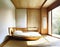 Watercolor of Minimalist Japanese bedroom with white and wood interior design for small