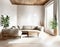Watercolor of Minimalist living room with neutral wooden comfortable rustic and ample natural