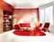 Watercolor of Minimalist living room with wooden vibrant red rowan white and personal