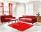 Watercolor of Minimalist living room with wooden vibrant red rowan white and personal