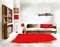 Watercolor of Minimalist living room with wooden vibrant red rowan white and personal