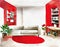 Watercolor of Minimalist living room with wooden vibrant red rowan white and personal