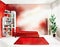 Watercolor of Minimalist living room with wooden vibrant red rowan white and personal