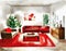 Watercolor of Minimalist living room with wooden vibrant red rowan white and personal