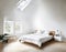 Watercolor of Minimalist loft bedroom with Scandinavian touches and a classic white interior