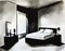 Watercolor of Minimalist noir bedroom