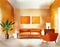 Watercolor of A minimalist orange living room featuring sleek designs and tidy