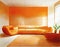 Watercolor of A minimalist orange living room featuring sleek designs and tidy