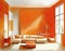 Watercolor of A minimalist orange living room featuring sleek designs and tidy