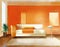 Watercolor of A minimalist orange living room featuring sleek designs and tidy