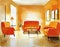 Watercolor of A minimalist orange living room featuring sleek designs and tidy