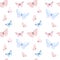 Watercolor minimalistic pattern of tender blue and pink butterflies isolated