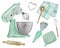 Watercolor mint mixer with pastry chef`s hat and towels and kitchenware