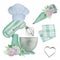Watercolor mint turquoise pastry planetary mixer with flowers and greenery. Bakery illustration with towel and icing bag for