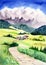Watercolor misty mountains, green wooded hills and a small alpine mountain village