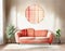 Watercolor of Mock up of a living room with a coral round and plaid on a beige wall