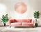 Watercolor of Mock up of a living room with a coral round and plaid on a beige wall