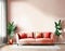 Watercolor of Mock up of a living room with a coral round and plaid on a beige wall