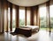 Watercolor of A modern bedroom with a brown fabric open folding and swaying drapes from the wind coming in from the