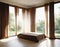 Watercolor of A modern bedroom with a brown fabric open folding and swaying drapes from the wind coming in from the