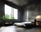 Watercolor of Modern bedroom with dark concrete loft and a spacious