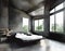 Watercolor of Modern bedroom with dark concrete loft and a spacious