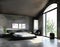 Watercolor of Modern bedroom with dark concrete loft and a spacious