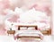 Watercolor of modern bedroom in soft pink with cloudscape