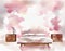 Watercolor of modern bedroom in soft pink with cloudscape