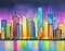 Watercolor of A modern city skyline with neon lit buildings by the seCore commercial