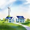 Watercolor of  of a modern futuristic house and electricwith a field of wind turbines in background