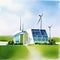 Watercolor of  of a modern futuristic house and electricwith a field of wind turbines in background