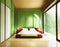 Watercolor of Modern Japanese bedroom with minimalist green and wooden