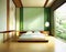 Watercolor of Modern Japanese bedroom with minimalist green and wooden