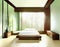 Watercolor of Modern Japanese bedroom with minimalist green and wooden