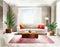 Watercolor of Modern living room with an elegant carpet and comfy