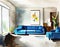 Watercolor of modern living room interior with blue couch