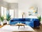 Watercolor of modern living room interior with blue couch