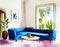 Watercolor of modern living room interior with blue couch