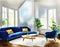 Watercolor of modern living room interior with blue couch