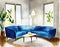 Watercolor of modern living room interior with blue couch