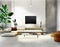 Watercolor of Modern living room with a table TV and cement screen