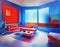 Watercolor of Modern living room with vibrant neon