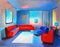 Watercolor of Modern living room with vibrant neon