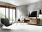 Watercolor of Modern living room with wall mounted wooden gray and a concrete