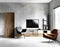 Watercolor of Modern living room with wall mounted wooden gray and a concrete