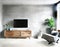 Watercolor of Modern living room with wall mounted wooden gray and a concrete