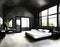Watercolor of Modern master bedroom with black wood concrete loft and king