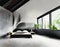 Watercolor of Modern master bedroom with black wood concrete loft and king